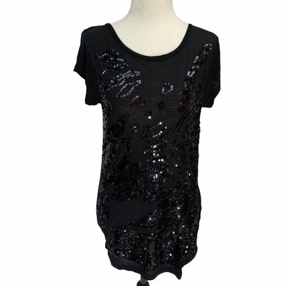 𝅺french Connection Black T-shirt Tunic Short Sleeve /Sequins Size XS - Picture 1 of 8